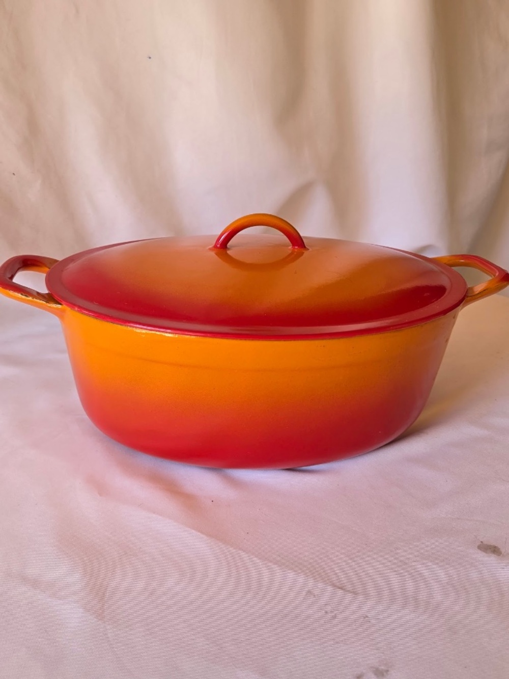 Vintage Descoware Belgium Flame Orange Oval Enamel Cast Iron Dutch Oven 12 3-C